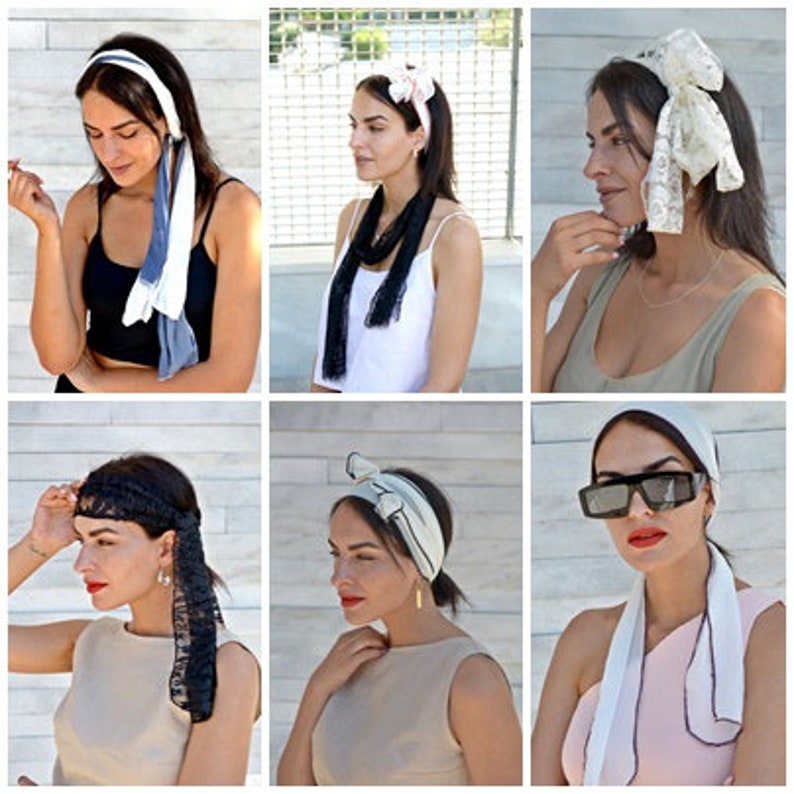 Satin Off White Soft Retro Headband Summer Womens Head Scarfs Hair Covering Long Hair Accessory, Tie Back Headscarf Retro Long Head Scarf image 6