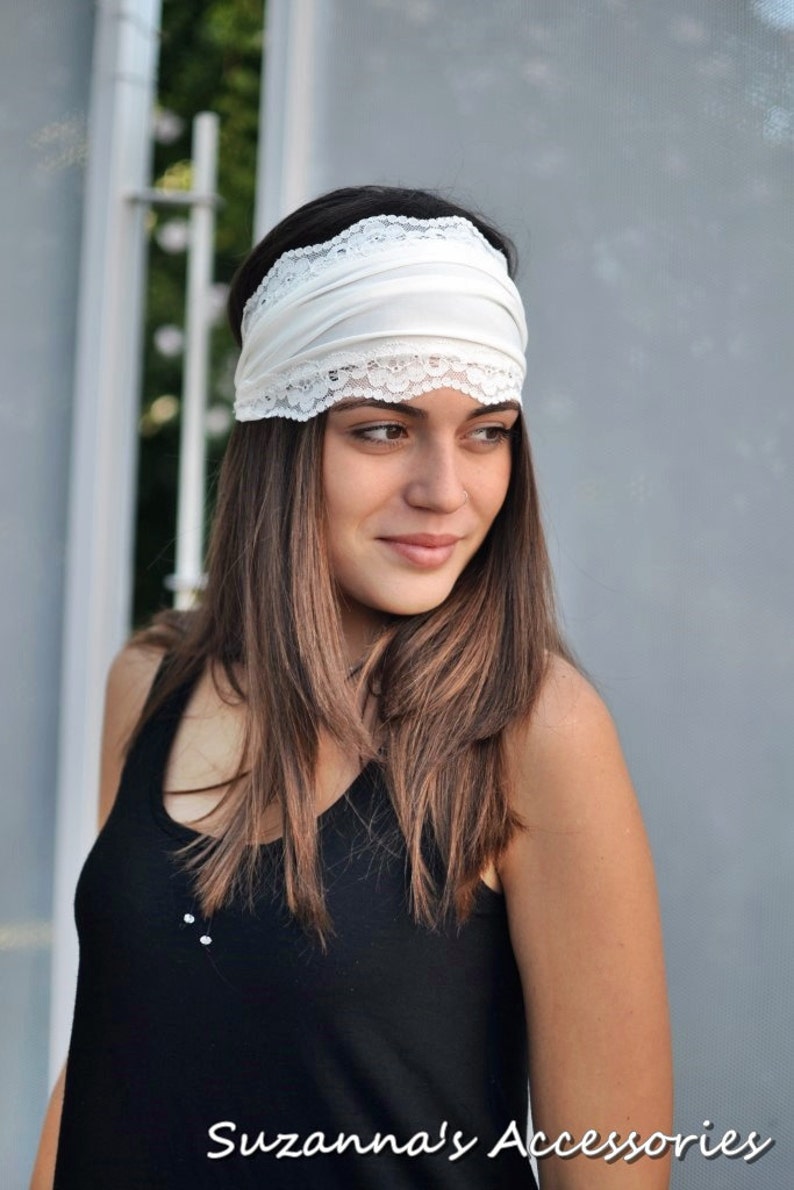 Ivory Bandana Yoga Soft Elastic Unique Fitness Headband Vintage Turban Headband Elastic Jersey Lace Summer Womens Headband Ivory Head band image 1