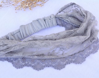 Grey Headband Lace Bohemian Wedding Bridesmaid Headband, Womens Turban Grey, Womens Vintage Headband Retro Head Bands Turbans Grey Lace Gift