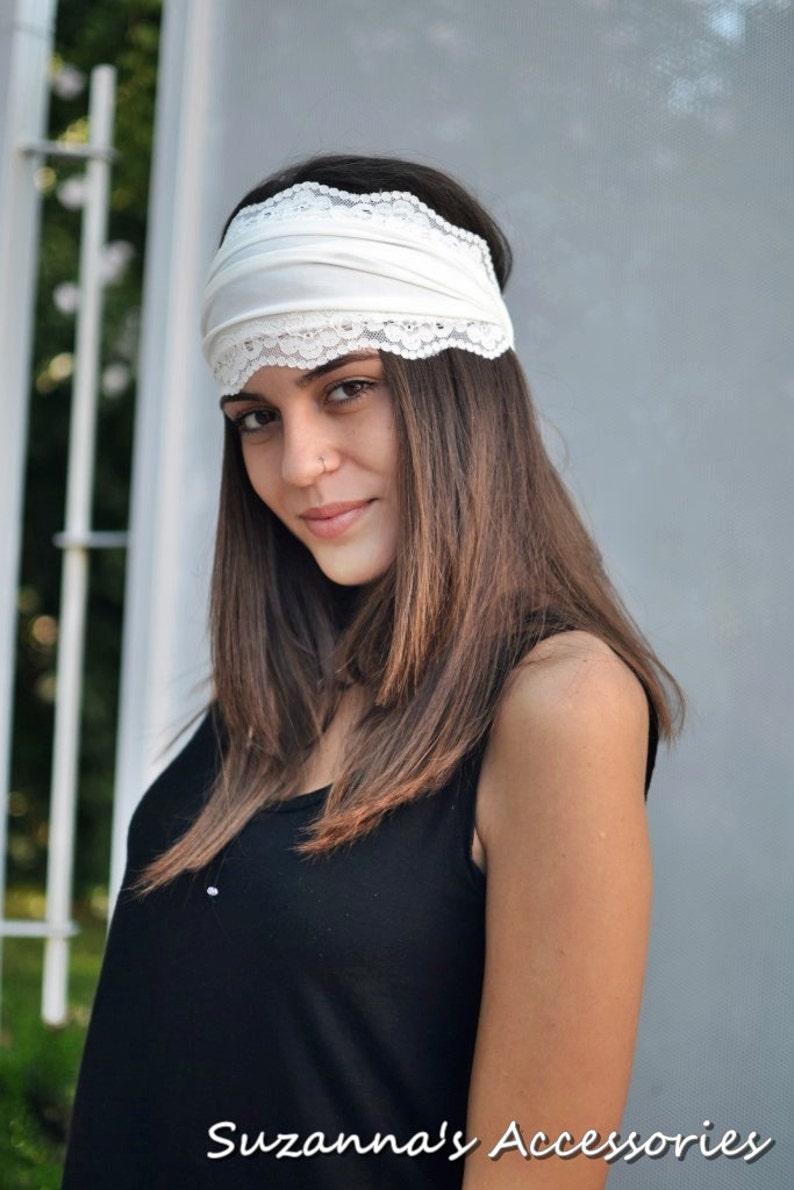 Ivory Bandana Yoga Soft Elastic Unique Fitness Headband Vintage Turban Headband Elastic Jersey Lace Summer Womens Headband Ivory Head band image 2