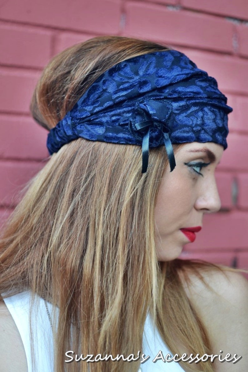 Navy Blue Headwrap, Floral Headband, Velvet Headwrap, Elastic Headband