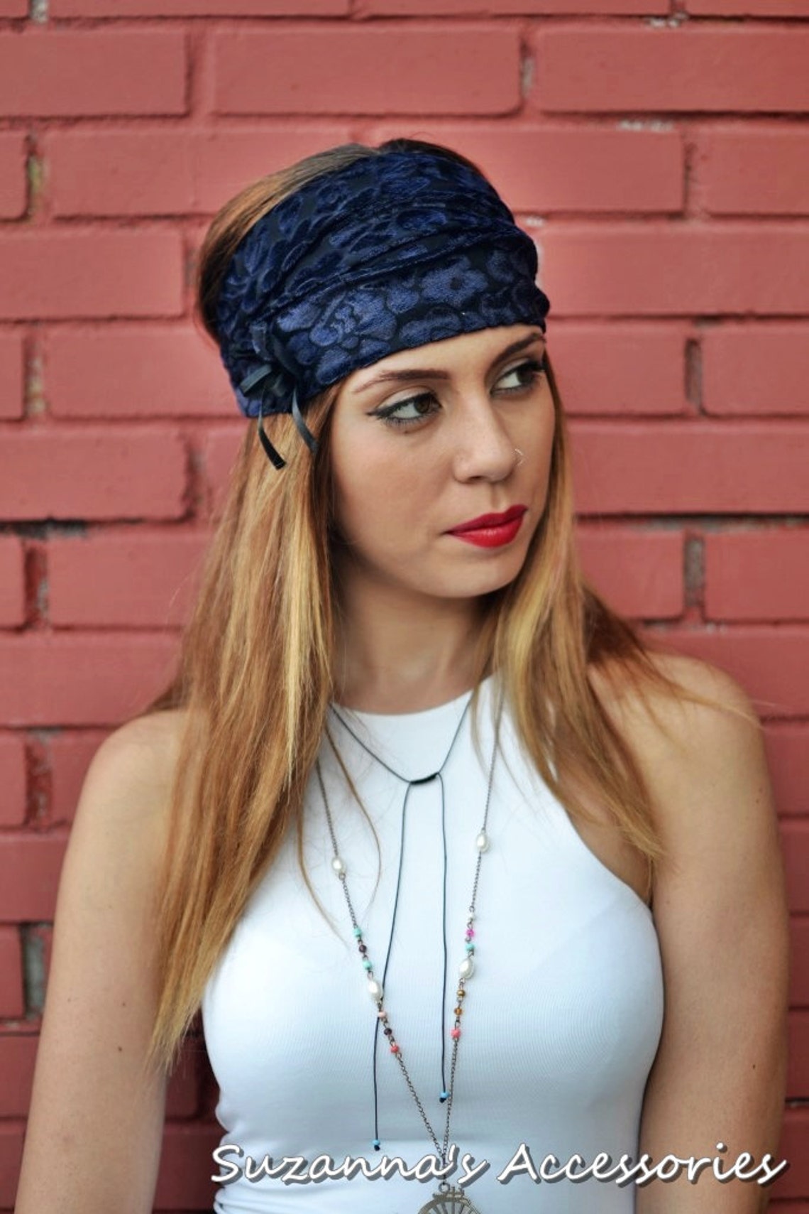 Navy Blue Headwrap, Floral Headband, Velvet Headwrap, Elastic Headband