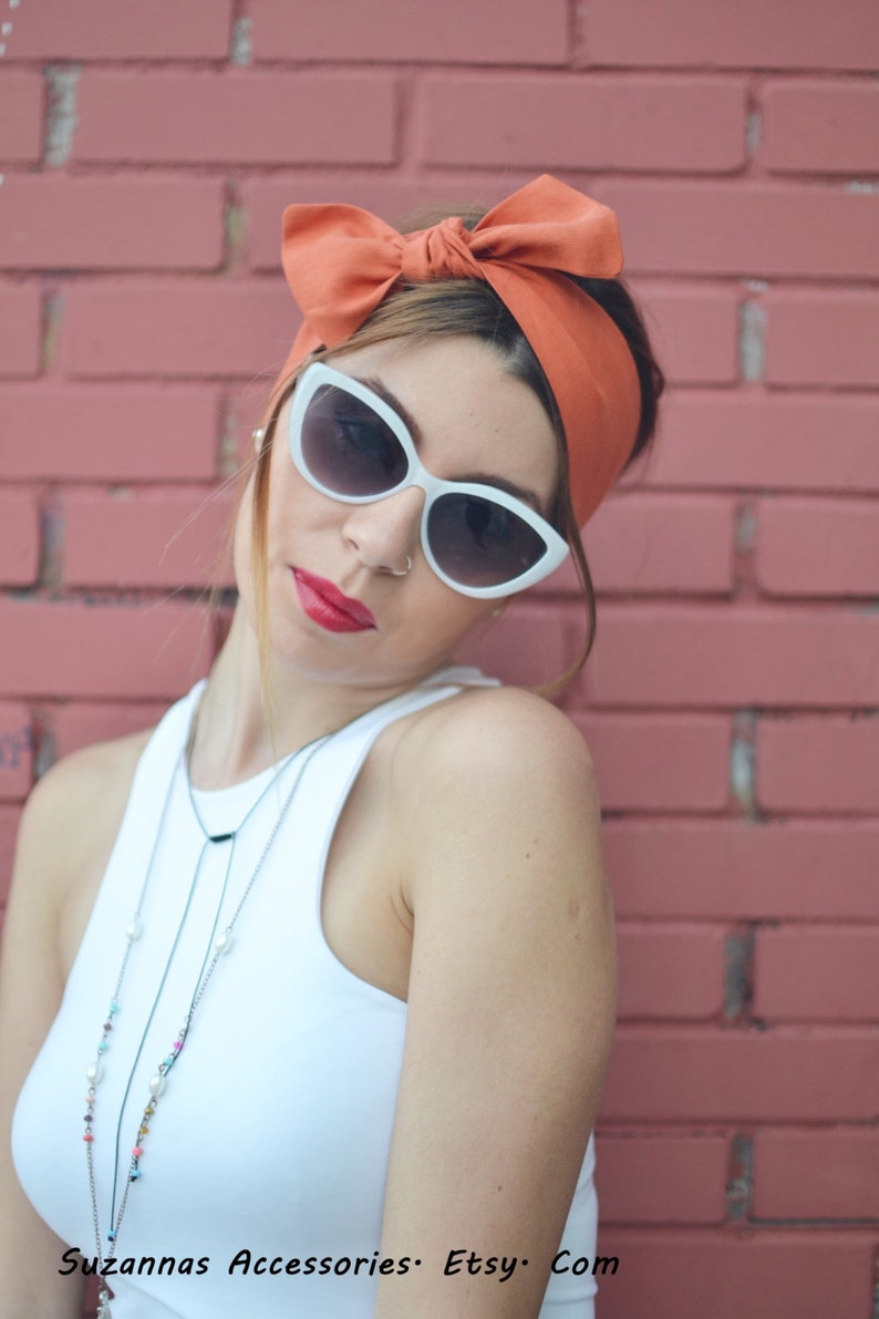 Orange Head Scarf, Orange Head Bow, Bow Headbands, Woman Top Knot, Linen Head Wrap, Pin Up Headband, Bow Headband, Unique Gift, Women Scarf image 1