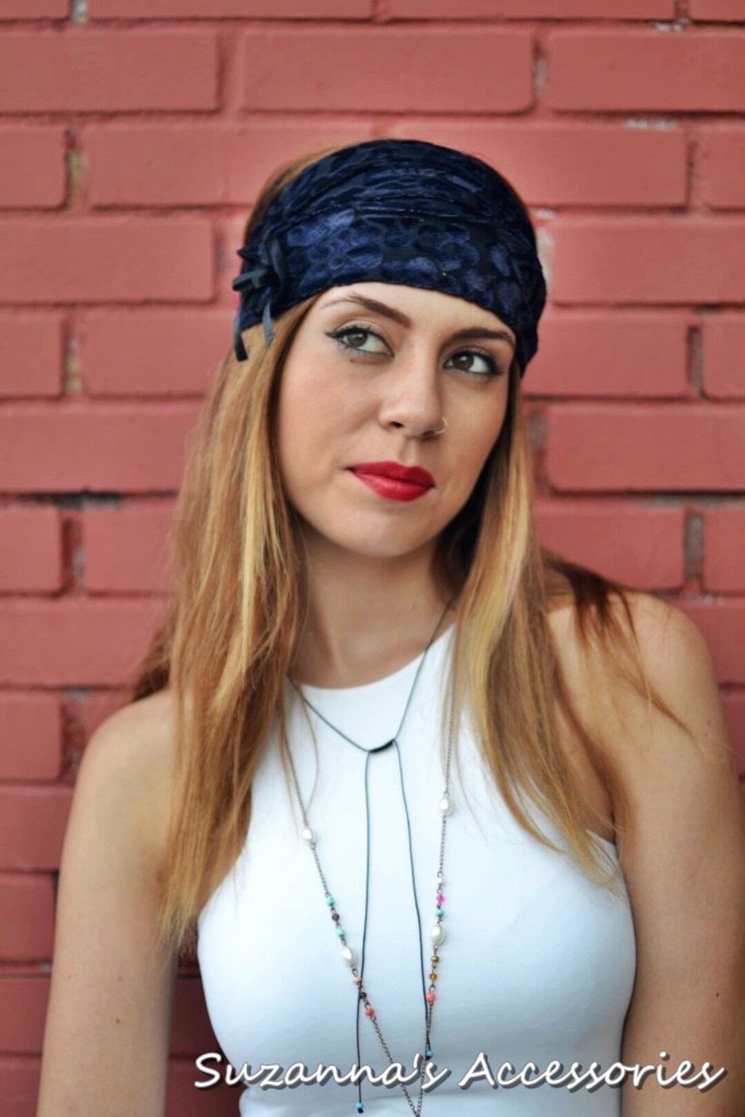 Navy Blue Headwrap, Floral Headband, Velvet Headwrap, Elastic Headband