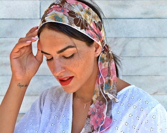 Floral Summer Beach Fashion Modern Chiffon Headband Hair Scarf Womens Gift, Hair Covering Hair Accessory, Headscarf Retro Flower Head Cover