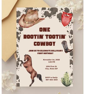 Rootin Tootin Birthday Invite, First birthday invite, cowboy birthday party, two year old birthday, Fully customizable, customize in Canva