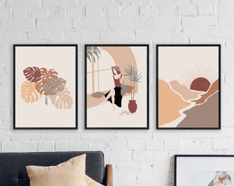 Set of 3 Boho Tropical Gallery Wall Art Prints Digital Download