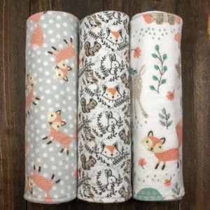 Set of Three Woodland Baby Burp Cloths with Soft White Backing Contoured Flannel Burp Cloths Gift Set Baby Shower Gift for New Mom