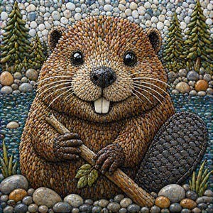 May include: A mosaic artwork depicting a beaver, crafted from small, rounded stones. The beaver is brown with a black nose and eyes, holding a wooden stick. The background features water, trees, and stones, creating a naturalistic scene.