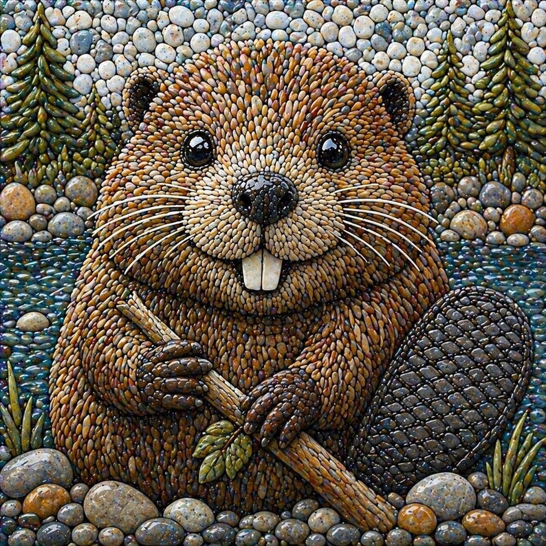 May include: A mosaic artwork depicting a beaver, crafted from small, rounded stones. The beaver is brown with a black nose and eyes, holding a wooden stick. The background features water, trees, and stones, creating a naturalistic scene.