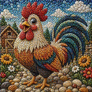May include: A mosaic artwork depicting a rooster with a red comb and wattle, and a colourful tail. The background includes a barn, flowers, and a blue sky with clouds. The rooster stands on a stone path. The artwork uses a variety of colours.