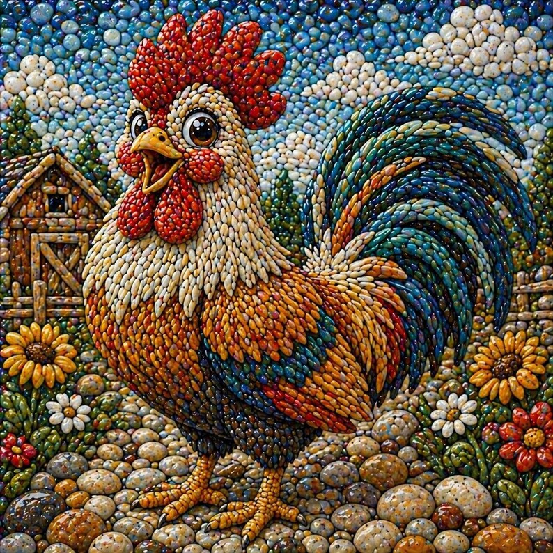 May include: A mosaic artwork depicting a rooster with a red comb and wattle, and a colourful tail. The background includes a barn, flowers, and a blue sky with clouds. The rooster stands on a stone path. The artwork uses a variety of colours.