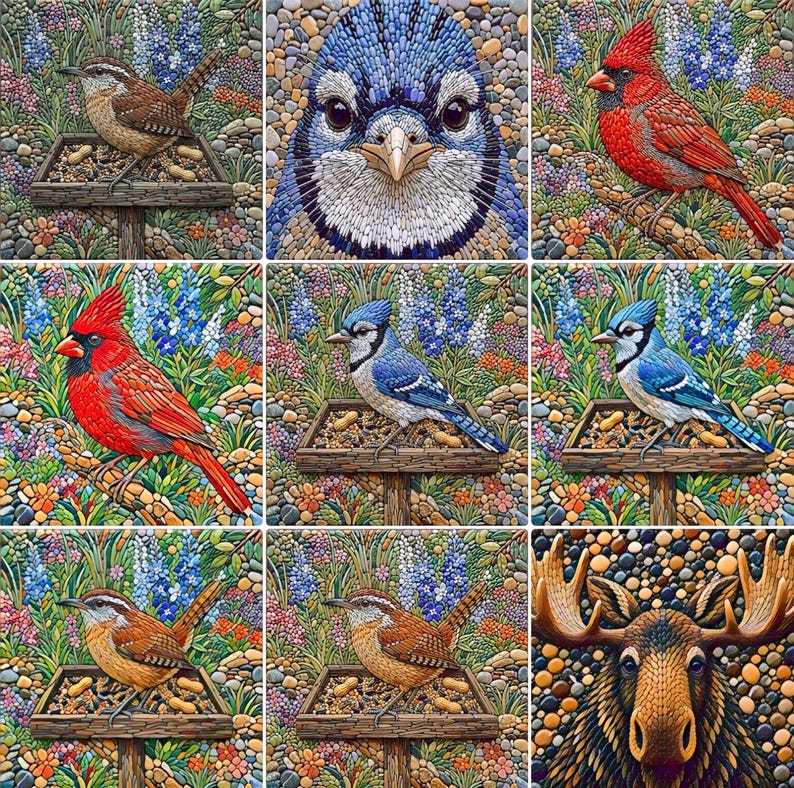 May include: A mosaic artwork featuring nine panels of birds and a moose. The birds include a brown wren, a blue jay, and a red cardinal, each perched on a wooden bird feeder. The moose is depicted with large antlers. The background is a colourful mosaic of flowers and pebbles.