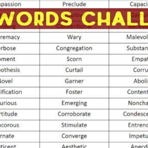 Può includere: Una grafica rossa e gialla con il testo "SAT WORDS CHALLENGE" e una griglia di 15 righe e 5 colonne contenente un elenco di parole. Le parole sono disposte in ordine alfabetico per colonna.