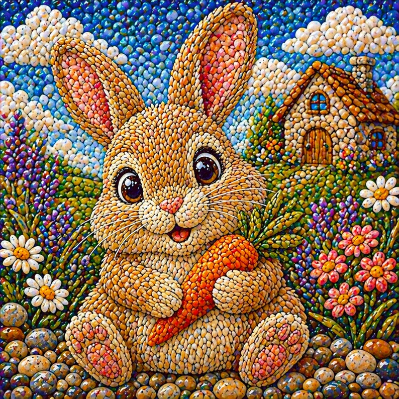 May include: A colourful artwork shows a brown rabbit holding a carrot, set amongst flowers and a small house. The rabbit's fur, the house, and the background are made of small, textured elements, creating a unique mosaic effect. The rabbit has large brown eyes.