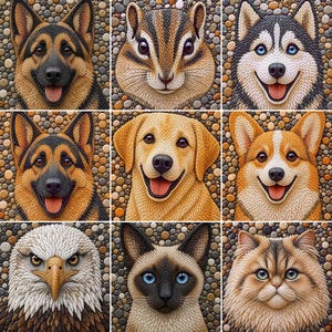 May include: A mosaic of nine animal portraits. The grid includes a German Shepherd, chipmunk, Husky, Golden Retriever, Corgi, eagle, Siamese cat, and a fluffy cat. Each animal is rendered with a textured, stone-like appearance, set against a pebble background.