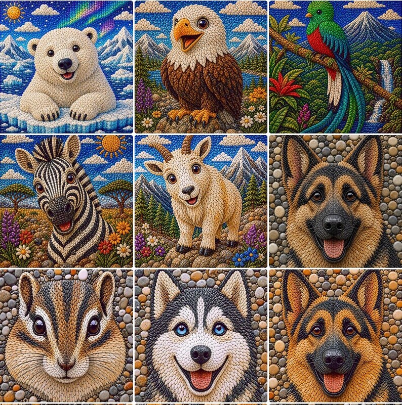 May include: A collection of nine colourful, textured animal portraits. The images feature a polar bear, eagle, quetzal, zebra, goat, German Shepherd, chipmunk, husky, and another German Shepherd. Each animal is set against a backdrop of nature scenes, with mountains, flowers, and blue skies.
