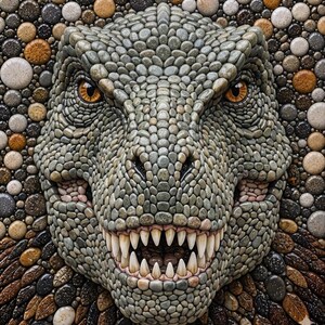 May include: A mosaic depicting a dinosaur's face, constructed from an array of stones in different sizes and hues. The dinosaur's eyes are a vivid orange, and its teeth are sharp and white. A unique piece of art.