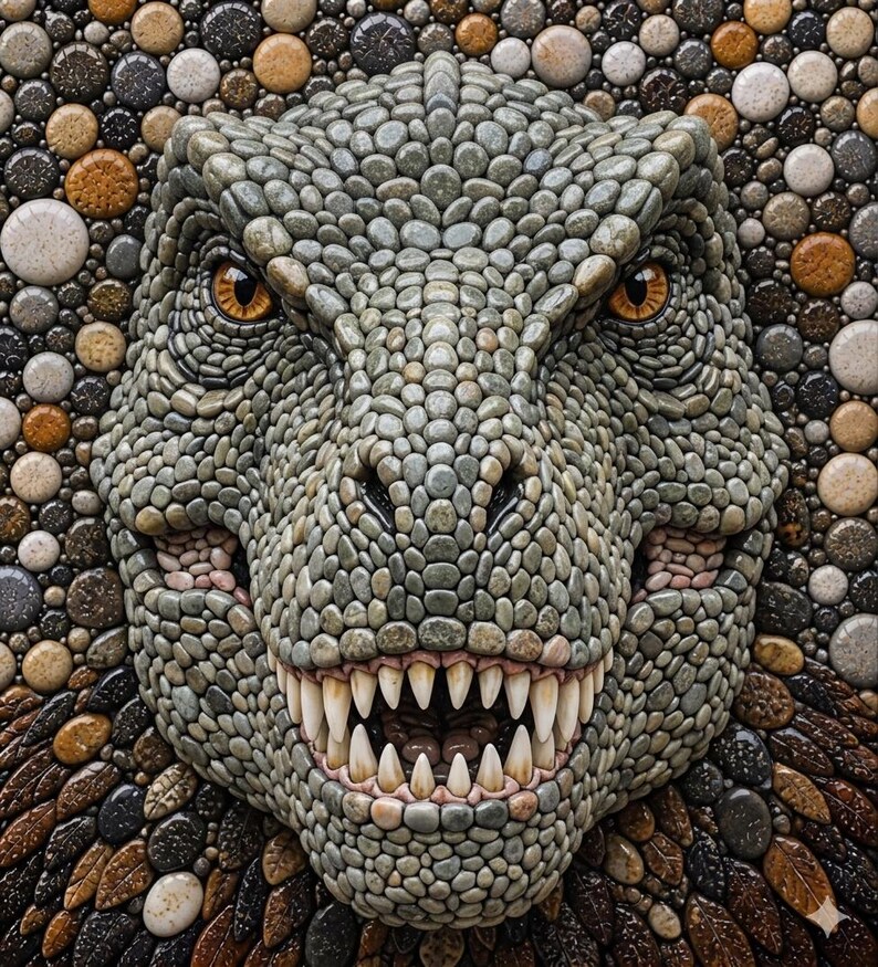 May include: A mosaic depicting a dinosaur's face, constructed from an array of stones in different sizes and hues. The dinosaur's eyes are a vivid orange, and its teeth are sharp and white. A unique piece of art.