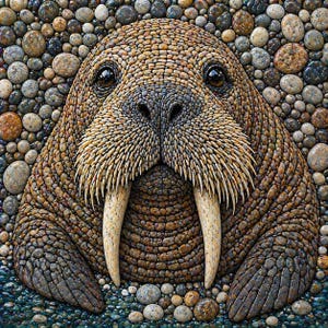May include: A mosaic artwork depicting a walrus, constructed from small stones. The walrus has prominent tusks, dark eyes, and a textured appearance, set against a backdrop of similar stones. The colour scheme includes browns, greys, and beige tones.