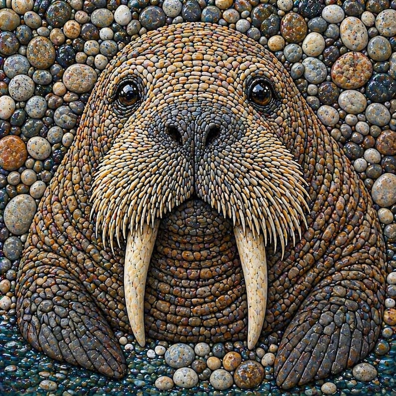 May include: A mosaic artwork depicting a walrus, constructed from small stones. The walrus has prominent tusks, dark eyes, and a textured appearance, set against a backdrop of similar stones. The colour scheme includes browns, greys, and beige tones.