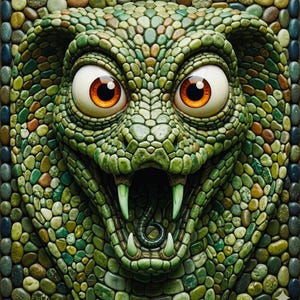 May include: A mosaic artwork of a snake head with large, orange eyes and an open mouth showing fangs and a forked tongue. The mosaic is made of green, brown, and blue pebbles, creating a textured, three-dimensional effect. The artwork has a border of pebbles.