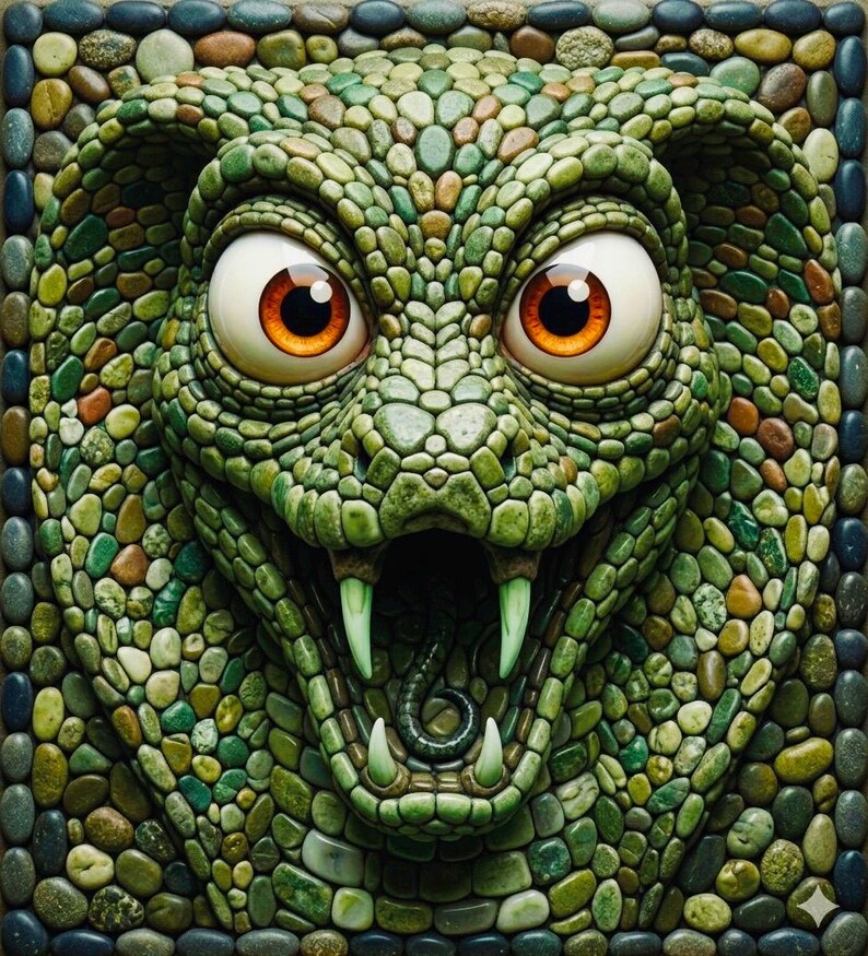 May include: A mosaic artwork of a snake head with large, orange eyes and an open mouth showing fangs and a forked tongue. The mosaic is made of green, brown, and blue pebbles, creating a textured, three-dimensional effect. The artwork has a border of pebbles.