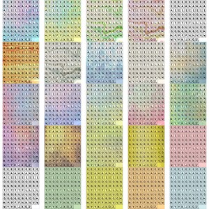Può includere: Un grafico colorato con una griglia di lettere, ogni lettera è in un quadrato di un colore diverso. Le lettere sono in ordine alfabetico, iniziando con A e terminando con Z. Il grafico è una rappresentazione visiva dell'alfabeto.