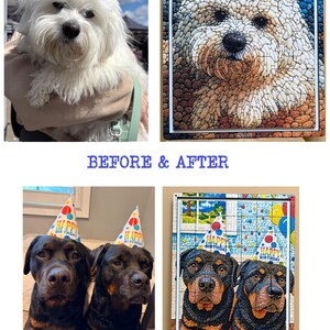 May include: A before-and-after image presents dog portraits. The top row shows a white dog and a mosaic puzzle of the same dog. The bottom row features two Rottweilers with party hats, and a mosaic puzzle of the same dogs.