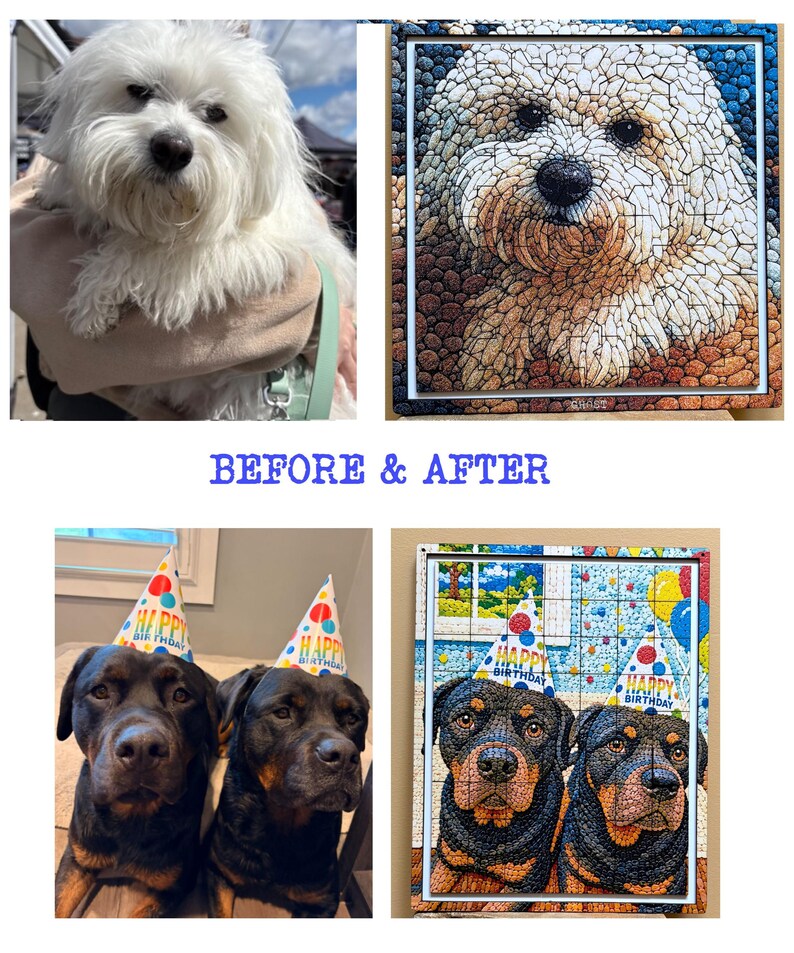May include: A before-and-after image presents dog portraits. The top row shows a white dog and a mosaic puzzle of the same dog. The bottom row features two Rottweilers with party hats, and a mosaic puzzle of the same dogs.