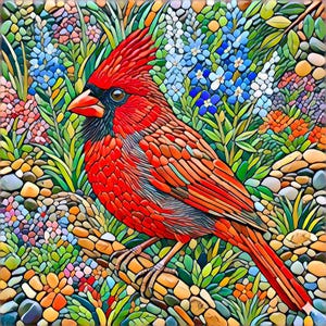 May include: A mosaic artwork of a red cardinal bird on a branch, set against a backdrop of colourful flowers and greenery. The mosaic style uses a variety of colours including red, blue, green, and orange, giving it a textured, stone-like appearance.