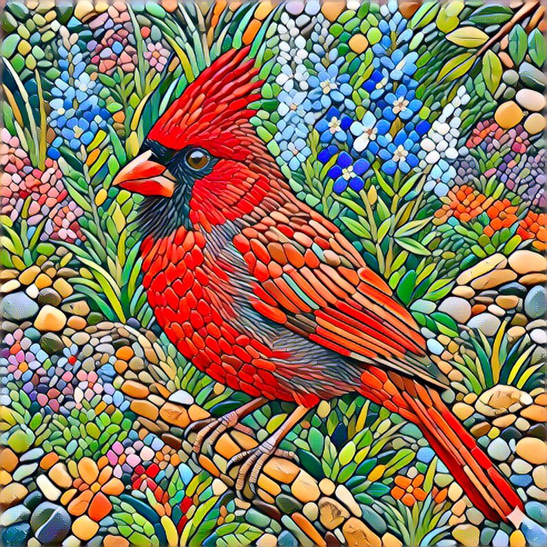 May include: A mosaic artwork of a red cardinal bird on a branch, set against a backdrop of colourful flowers and greenery. The mosaic style uses a variety of colours including red, blue, green, and orange, giving it a textured, stone-like appearance.
