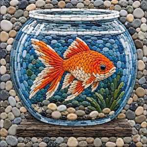 May include: A mosaic artwork showing a goldfish in a glass bowl. The fish is orange and white, with a detailed scale pattern. The bowl is surrounded by blue and white stones, with a border of various-sized pebbles. The artwork is set on a wooden base.