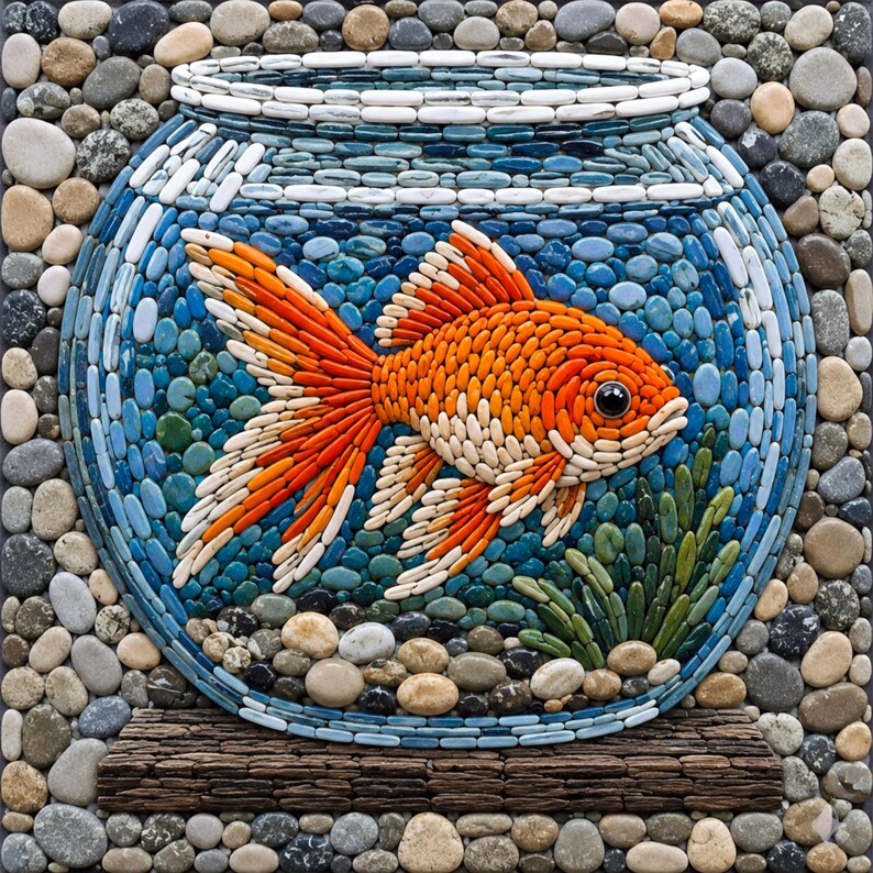 May include: A mosaic artwork showing a goldfish in a glass bowl. The fish is orange and white, with a detailed scale pattern. The bowl is surrounded by blue and white stones, with a border of various-sized pebbles. The artwork is set on a wooden base.