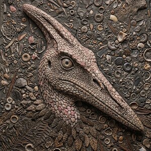 May include: A detailed relief sculpture of a Parasaurolophus dinosaur head, in brown and tan hues. The artwork is textured with fossilized shells and ancient artifacts, creating a prehistoric aesthetic. The dinosaur's eye is visible.