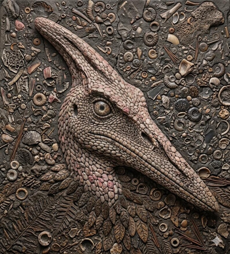 May include: A detailed relief sculpture of a Parasaurolophus dinosaur head, in brown and tan hues. The artwork is textured with fossilized shells and ancient artifacts, creating a prehistoric aesthetic. The dinosaur's eye is visible.