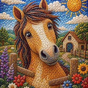 May include: A vibrant mosaic artwork depicting a horse's head. The horse has a light brown coat, dark brown mane, and large eyes. The background shows a blue sky with clouds, a yellow sun, and a small stone house. The scene is framed by colorful flowers.