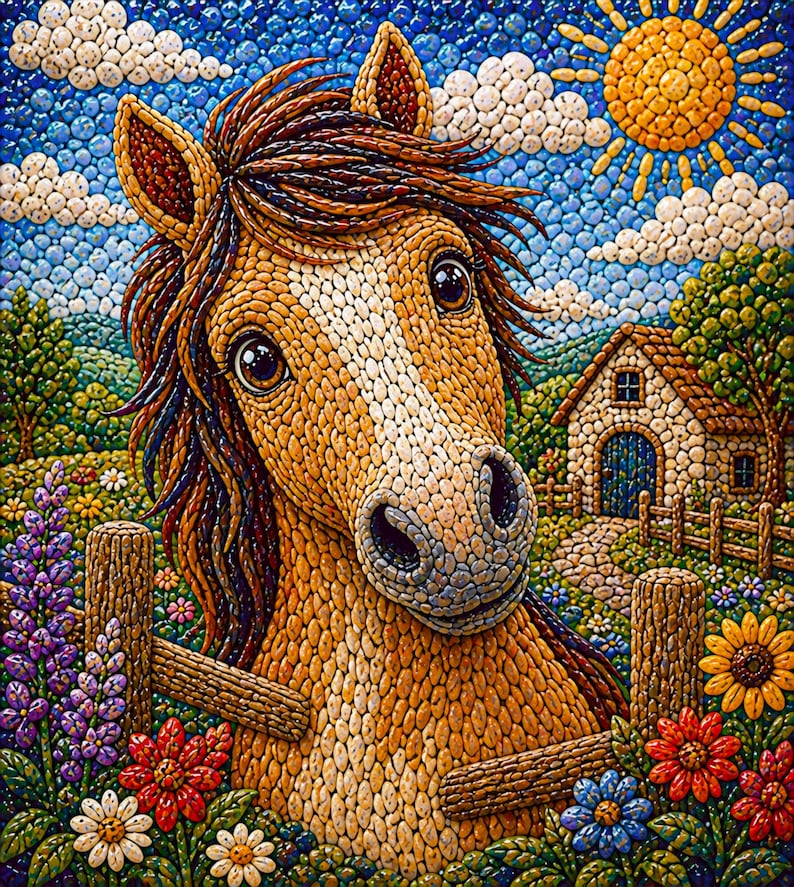 May include: A vibrant mosaic artwork depicting a horse's head. The horse has a light brown coat, dark brown mane, and large eyes. The background shows a blue sky with clouds, a yellow sun, and a small stone house. The scene is framed by colorful flowers.