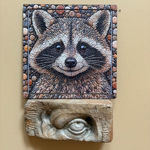 May include: A mosaic artwork depicting a smiling raccoon, framed with stones. The raccoon's fur is a mix of brown, grey, and white. Beneath it, a carved stone eye sculpture is displayed.