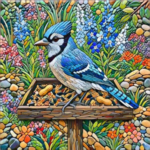 May include: A mosaic artwork depicting a blue jay on a wooden bird feeder filled with peanuts. The bird is set against a backdrop of colourful flowers and foliage, with a mosaic of various coloured stones. The artwork has a textured, artistic appearance.