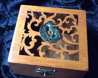 Howling Wolf Moon Wooden jewellery box trinket Bronze Celtic Pentagram ring  Hand Decorated gift her birthday wood Viking gamer fantasy uk