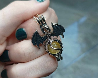 Dragon Citrine Necklace, Mystical Gothic Dragon pendant, Genuine natural yellow gemstone, Game gamer, November birthstone, Birthday gift uk