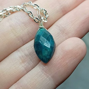 Chrysocolla crystal necklace, raw chrysocolla marquise pendant, genuine natural blue green gemstone, gift for him her birthday handmade uk