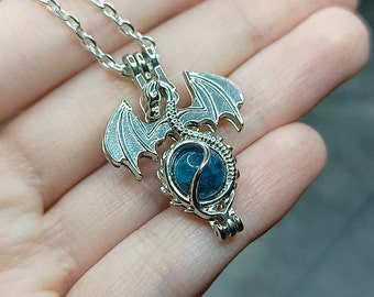 Apatite Dragon Necklace, Mystical Gothic Pendant, Gift for her, Genuine natural blue gemstone, Fantasy Game gamer, Birthday gift for him uk