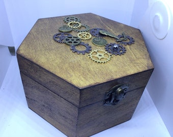 Steampunk Wood Jewellery box, Wooden trinket chest, Steam Punk vintage style gift her, unique ooak, gift him, Christmas best gift, Birthday