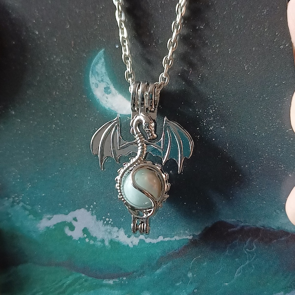 Dragon Necklace Aquamarine, Mystical Gothic dragon pendant, Genuine natural blue gemstone, Game gamer, Birthday gift, March birthstone uk