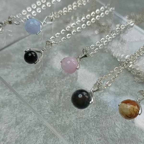 Crystal Ball Gemstone Necklace, Sphere Round Pendant, Red Tigers Eye, Picture Jasper, Pietersite, Black Onyx, Blue Lace Agate, Kunzite uk