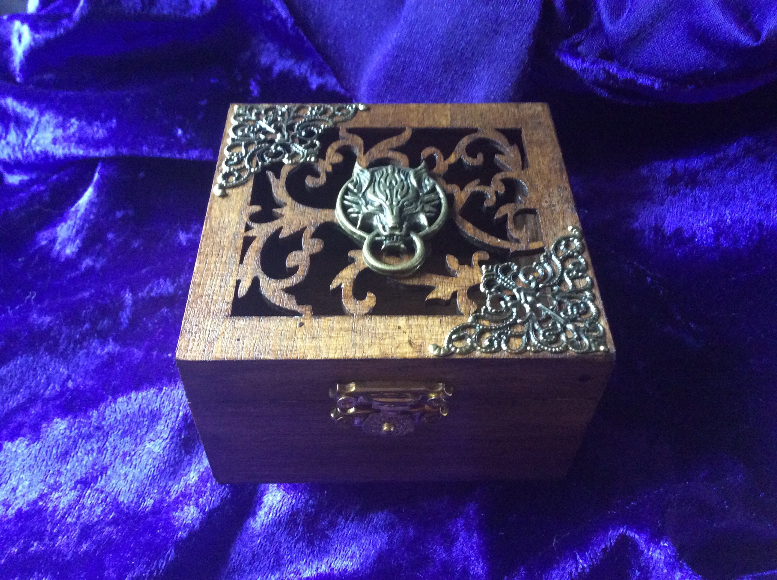 Wolf Wooden jewellery box trinket box bronze wolf ring gift Etsy