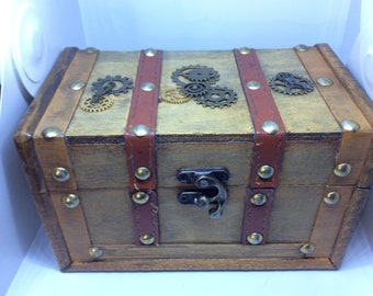 Steampunk Wooden jewellery box chest trinket ring gift her him birthday wood game gamer vintage style fantasy dnd steam punk dice box die