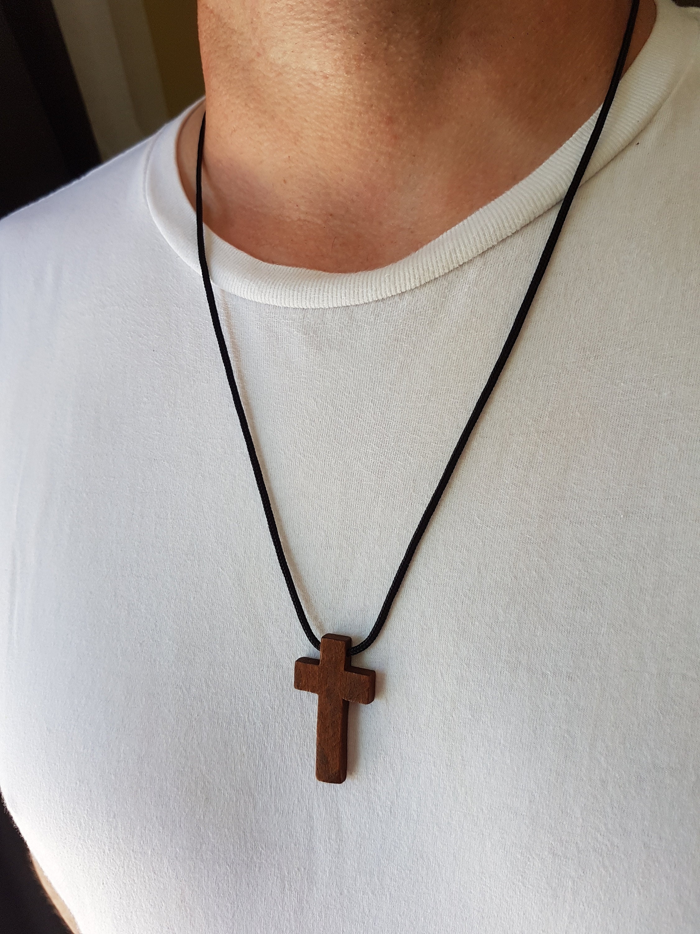 Men's Cross Necklace , Necklace for Men, Wood Cross Charm, Black Cord, Gift  for Him,cross Necklace 